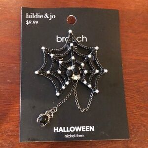 Hildie & Jo Dangle Spider w/Web Brooch in Black and Pearl Replicant Rhinestones